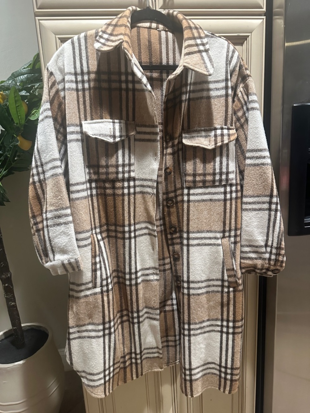 Plaid Shacket Coat in Cream and Tan
